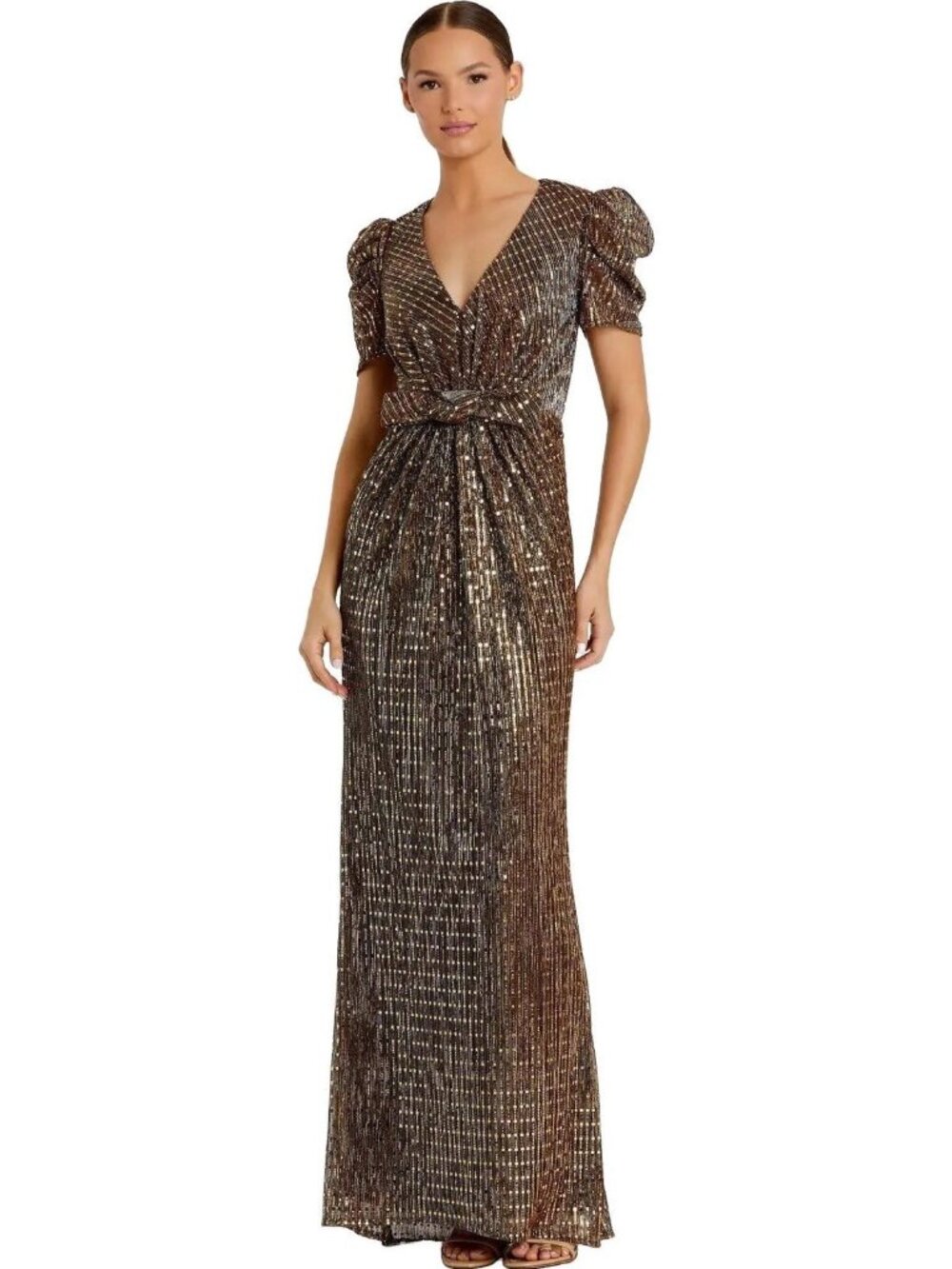 Mac Duggal Size 2 Brown 26661 Bronze Metallic Cap Sleeve Cocktail Gown Dress Bow